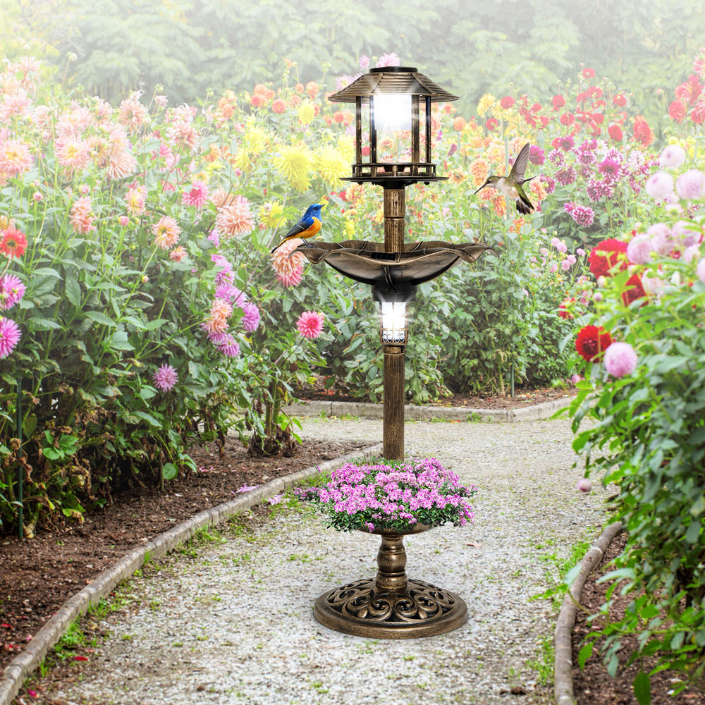 Costway Antique Birdbath and Feeder with 2 Solar Lamp Image 2