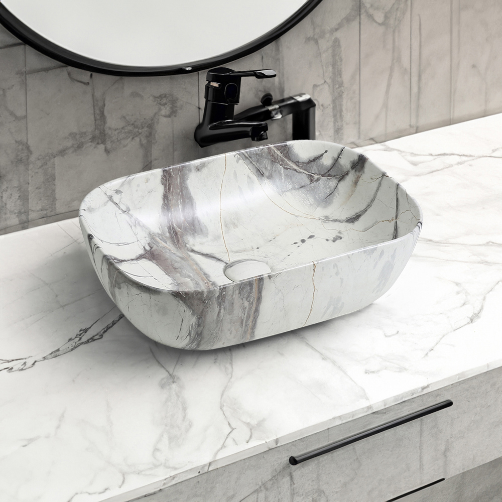 Limoge White Marble Effect Oblong Countertop Basin 460mm Image 2