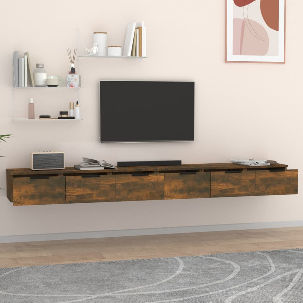 vidaXL 3 Drawer Smoked Oak Floated Wall Cabinet Set of 2 Image 1