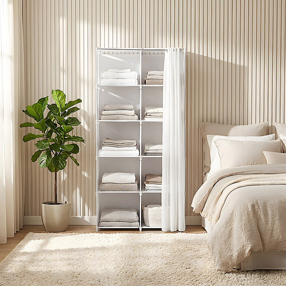 Living and Home 5-Tier White Freestanding Portable Wardrobe with Double-Row Storage and Curtain Image 7