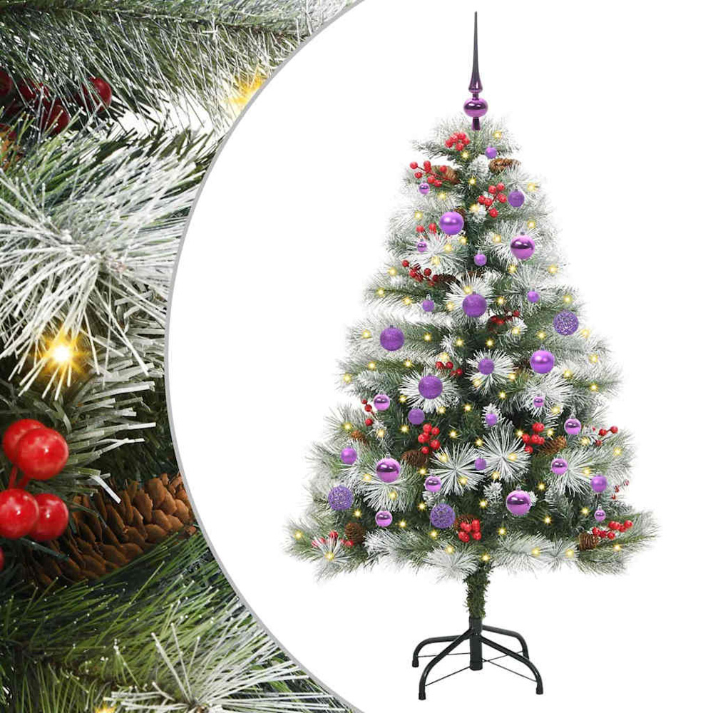 vidaXL Pre-Lit Lilac Baubles Green Artificial Snow Flocked Christmas Tree 5ft Image 2