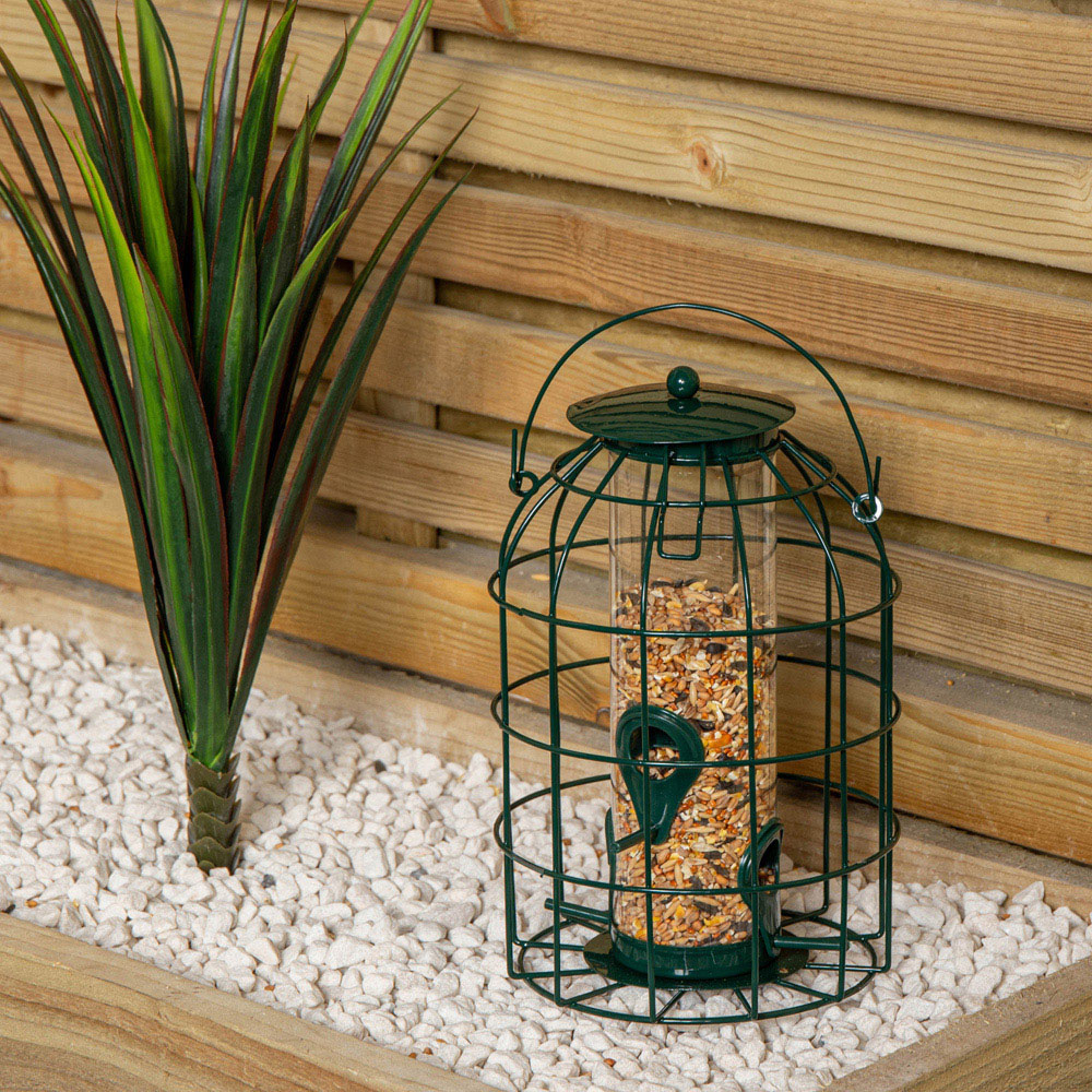 Samuel Alexander Green Metal Hanging Bird Seed Feeder with Squirrel Guard Image 5