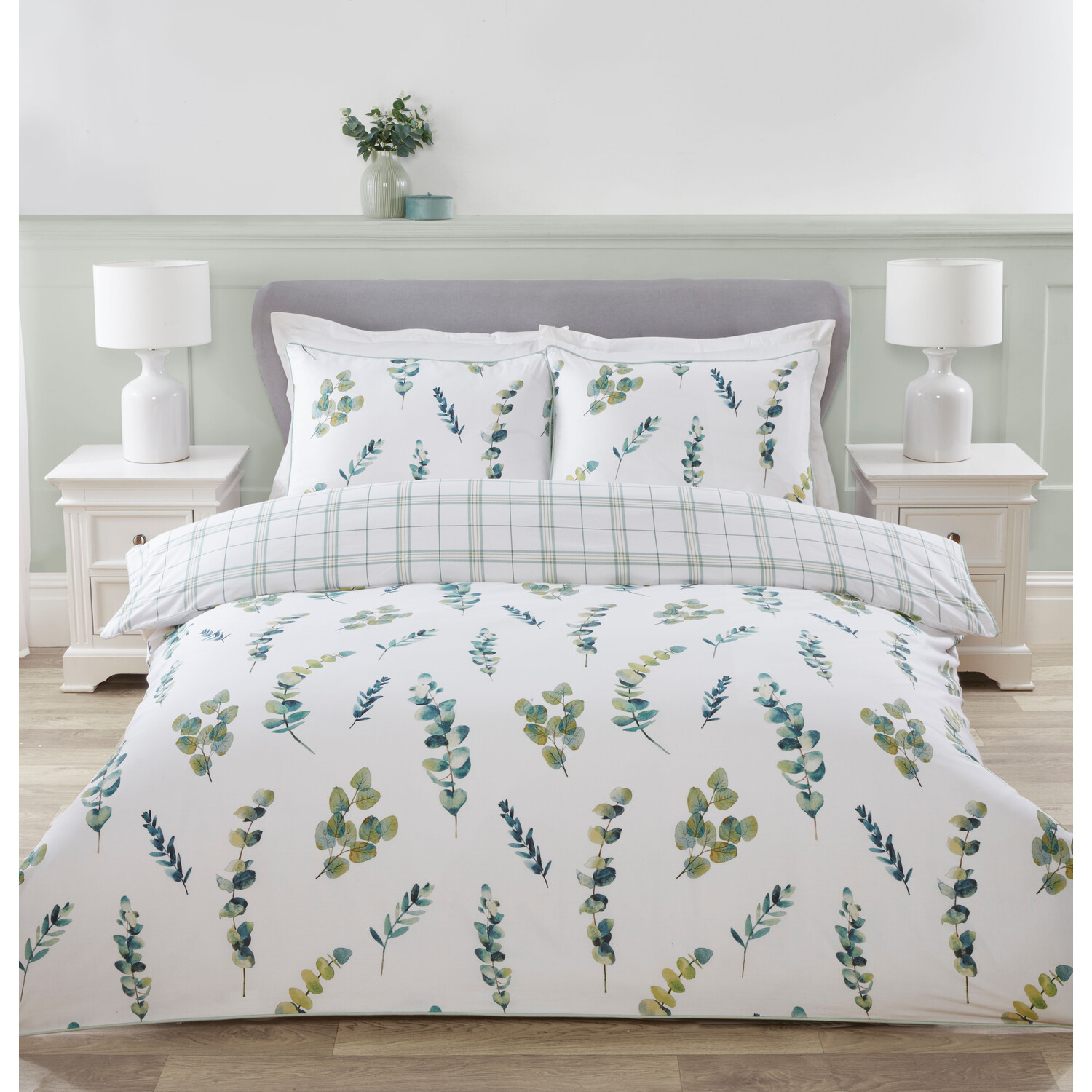 Divante King Size Green Eucalyptus Spray Duvet Cover and Pillowcase Set Image 1