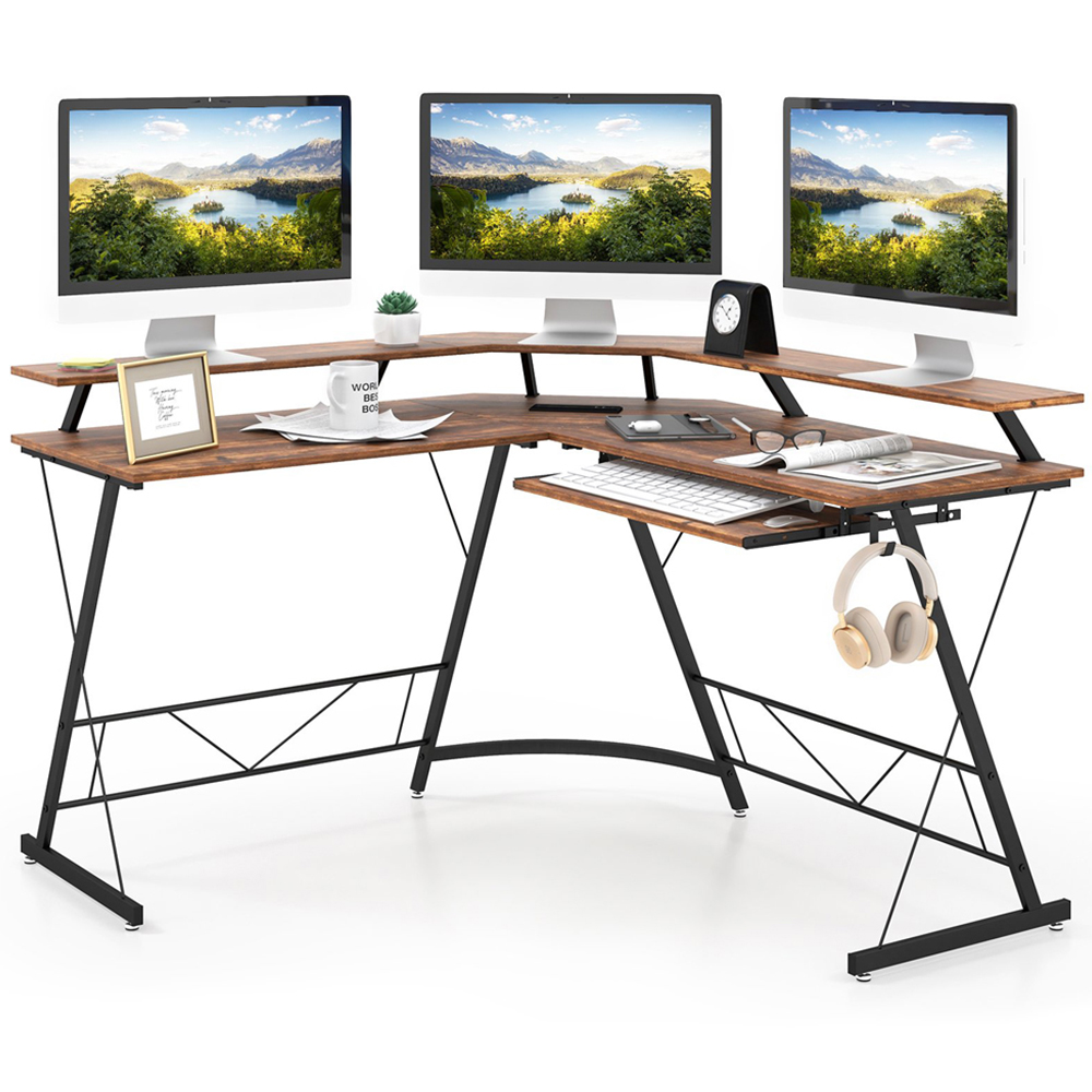 Costway 2 Shelf L Shaped Computer Desk with Power Outlet Rustic Brown Image 3