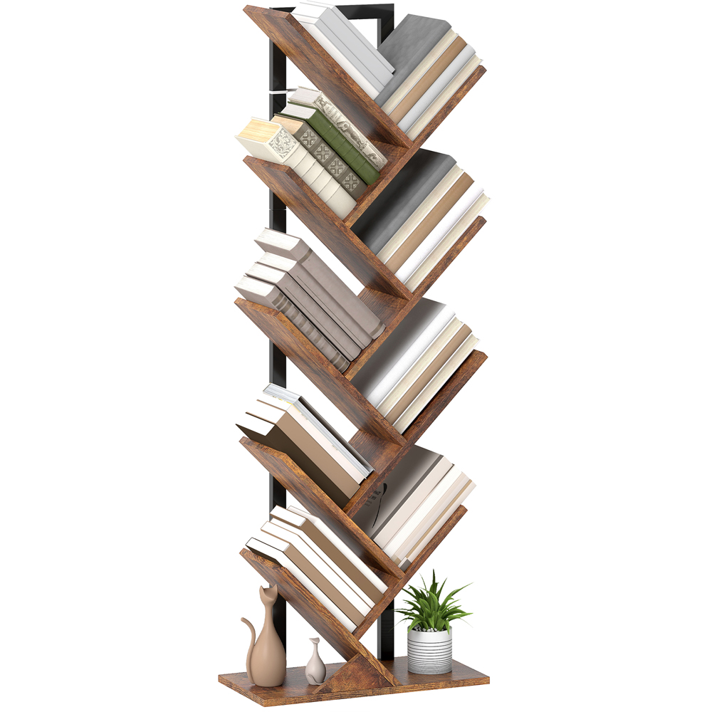 HOMCOM 8 Shelf Rustic Brown Steel Frame Tree Bookshelf Image 2