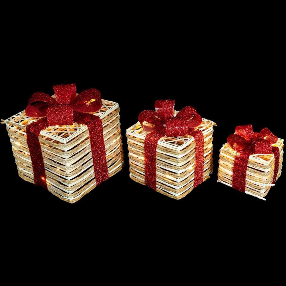 Shatchi Set of 3 Warm White LED Glitter Tartan Bow Rattan Parcels Image 1