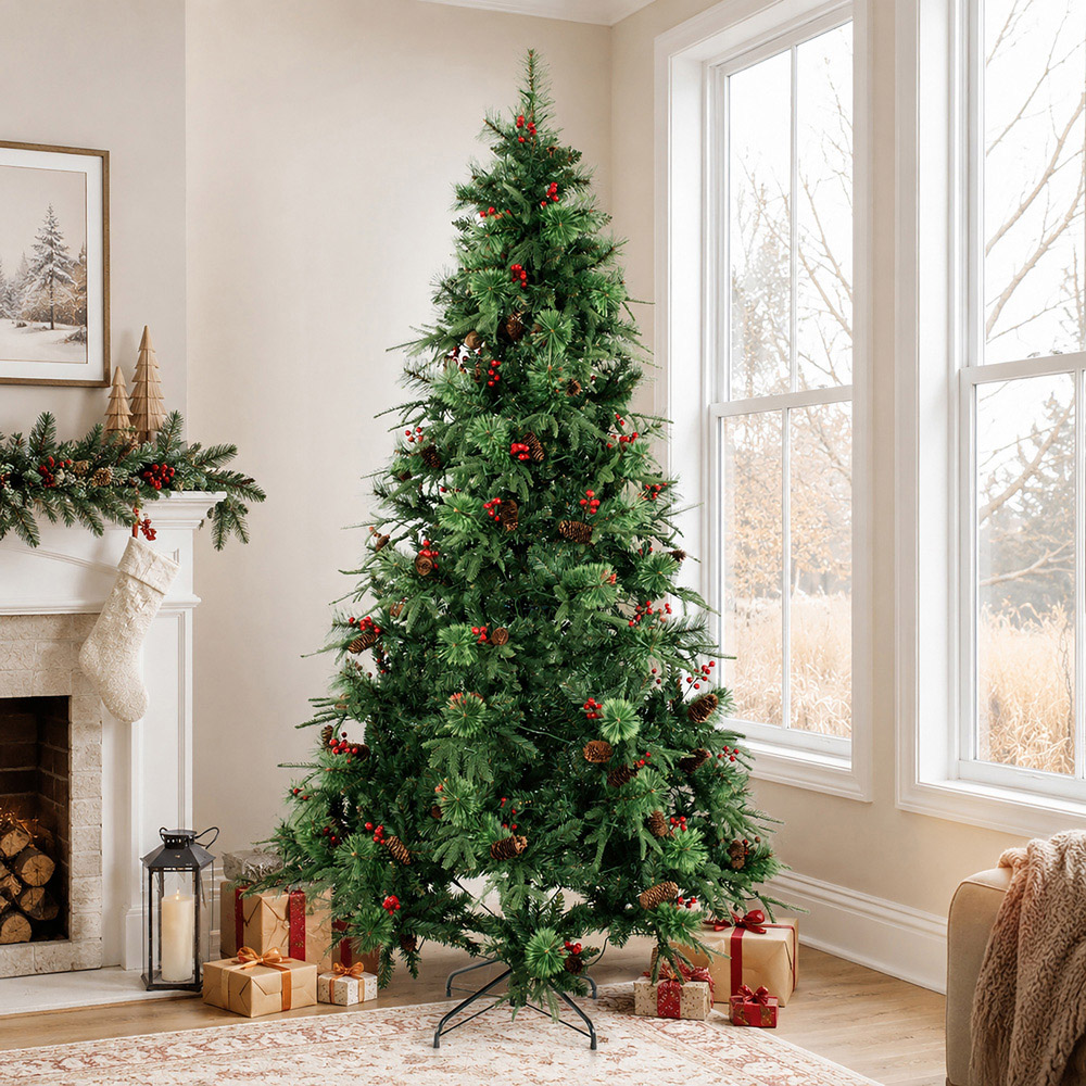 Abrihome Green Artificial Christmas Tree with Berries and Pinecones 7ft Image 2