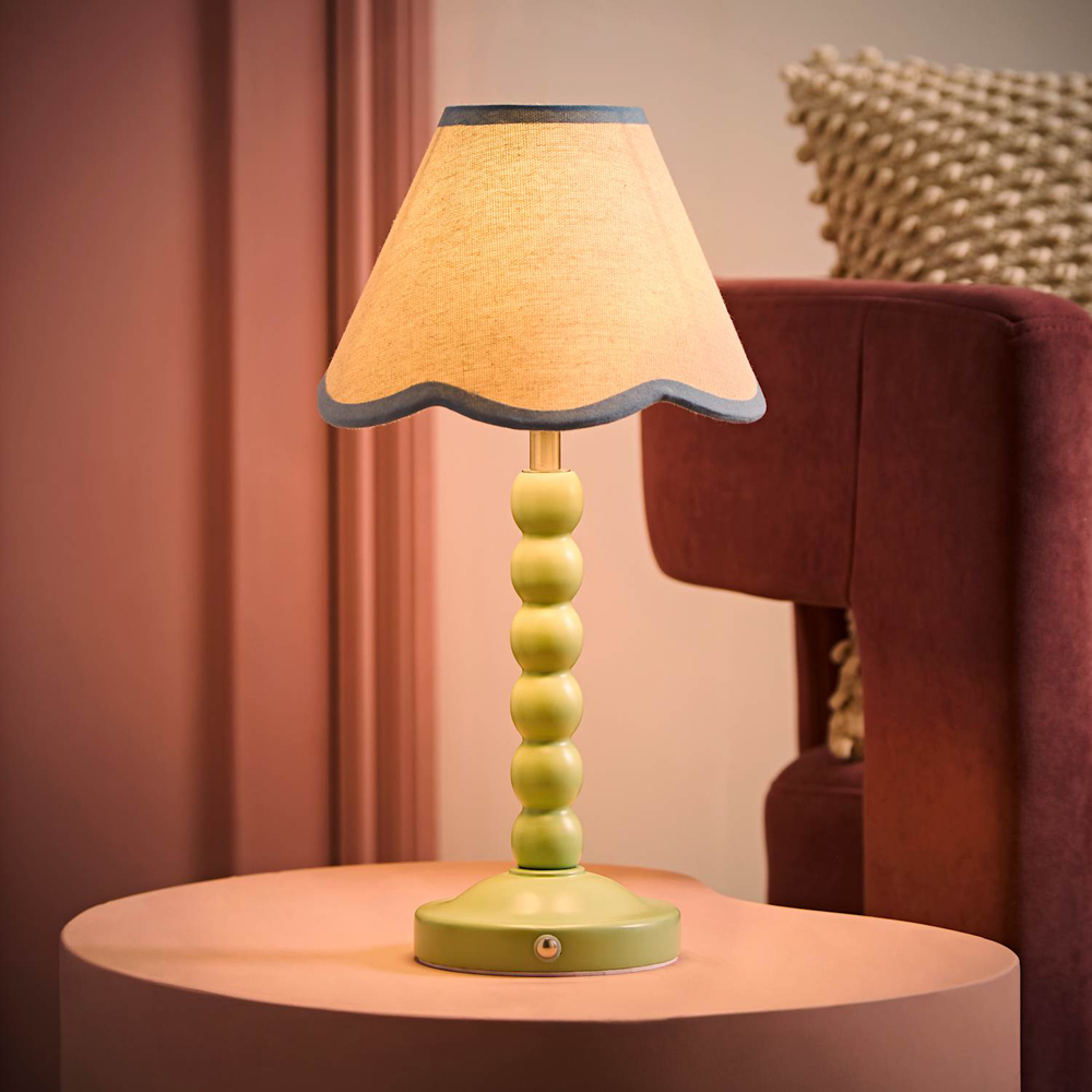 ValueLights Bobble Blue Scallop Shade Green Rechargeable Wooden LED Table Lamp Image 2