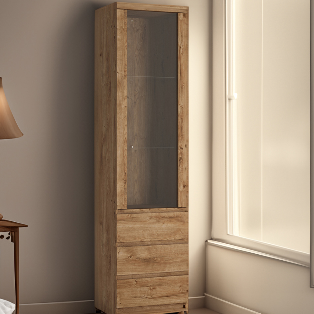 Florence Fribo Single Door 3 Drawer Golden Ribbeck Oak Tall Narrow Display Cabinet Image 1