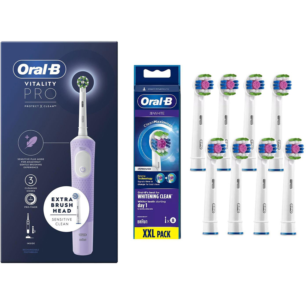 Oral-B Vitality Pro Lilac Electric Toothbrush with 8 3D White Refill Head Image 1