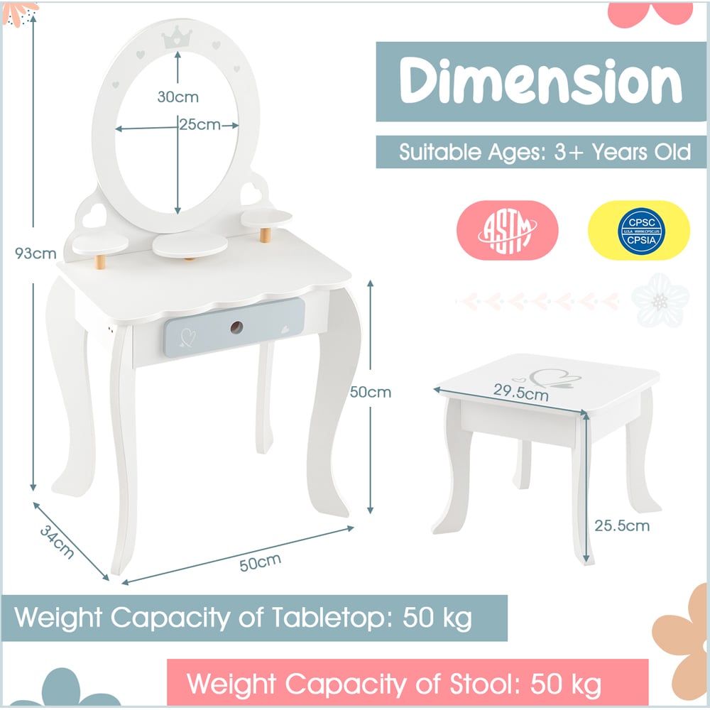 Costway Kids 3 Shelf White Vanity Dressing Table Set with Mirror Image 9