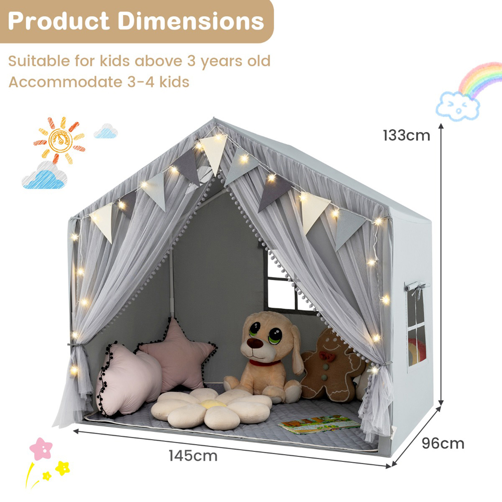 Costway Kids Grey Large Tent House Play Set with Fabric and Screen Curtains Image 7