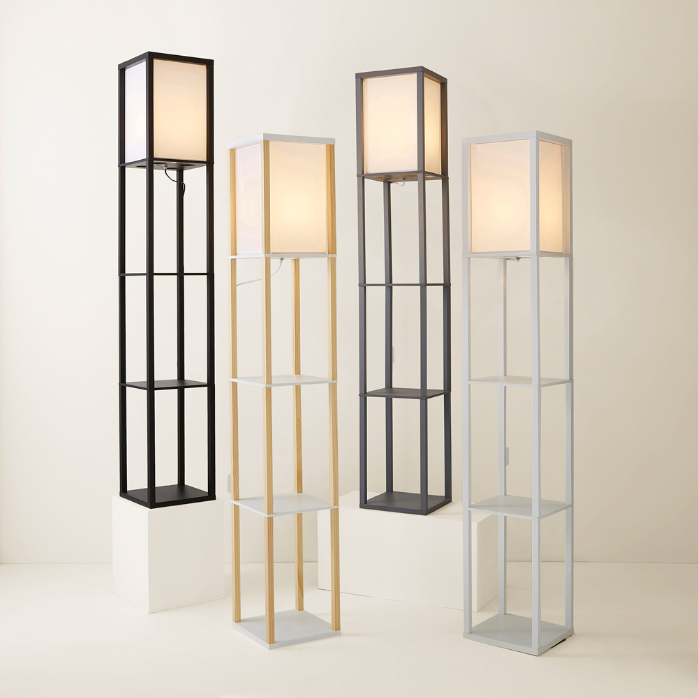 ValueLights Struttura 3 Shelf Fabric Shade Oak Shelving Unit Floor Lamp Image 7