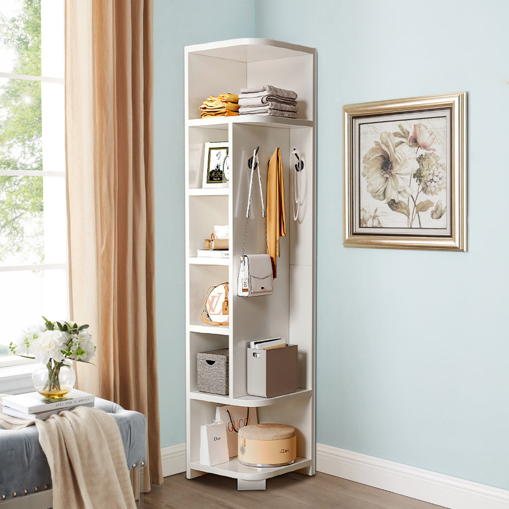 H&O Direct 7 Shelf Open Style Corner Display Rack with Built-In Hooks Image 2
