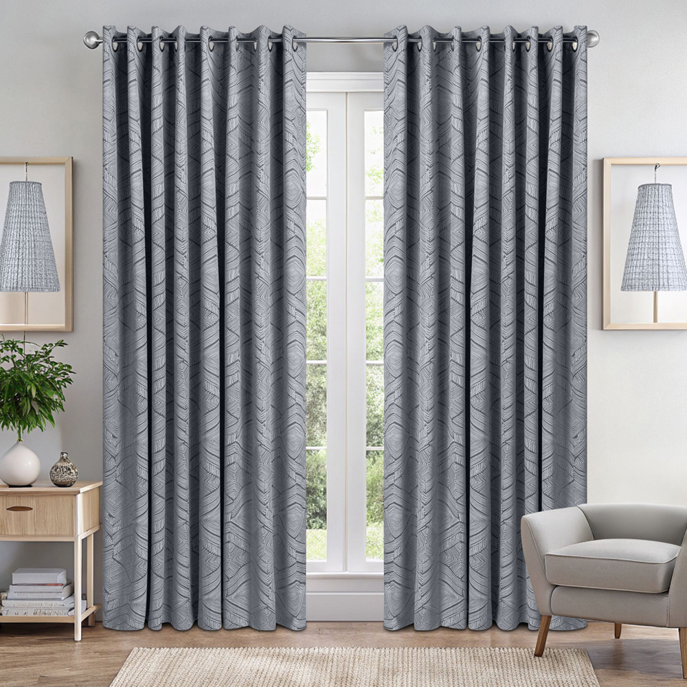 Alan Symonds Silver Geometric Aztec Print Blackout Ring Top Eyelet Curtains 168 x 137cm Image 7
