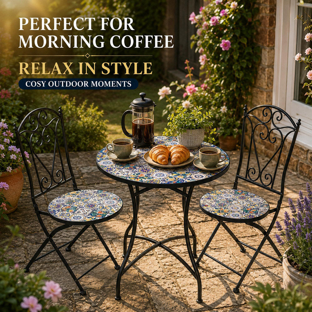 Shatchi Lisbon 2 Seater Mosaic Ceramic Tile Top Foldable Bistro Set Image 7