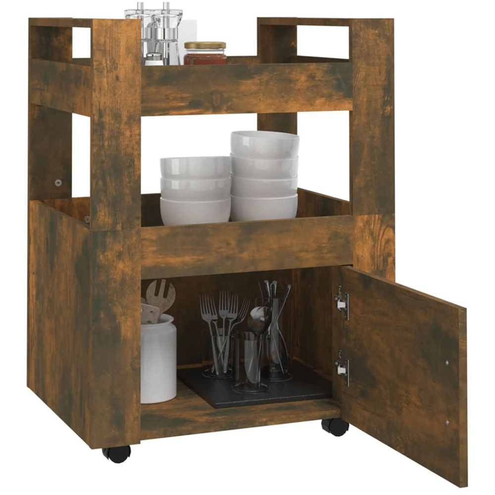 vidaXL Single Door 2 Shelf Smoked Oak Kitchen Trolley Image 4