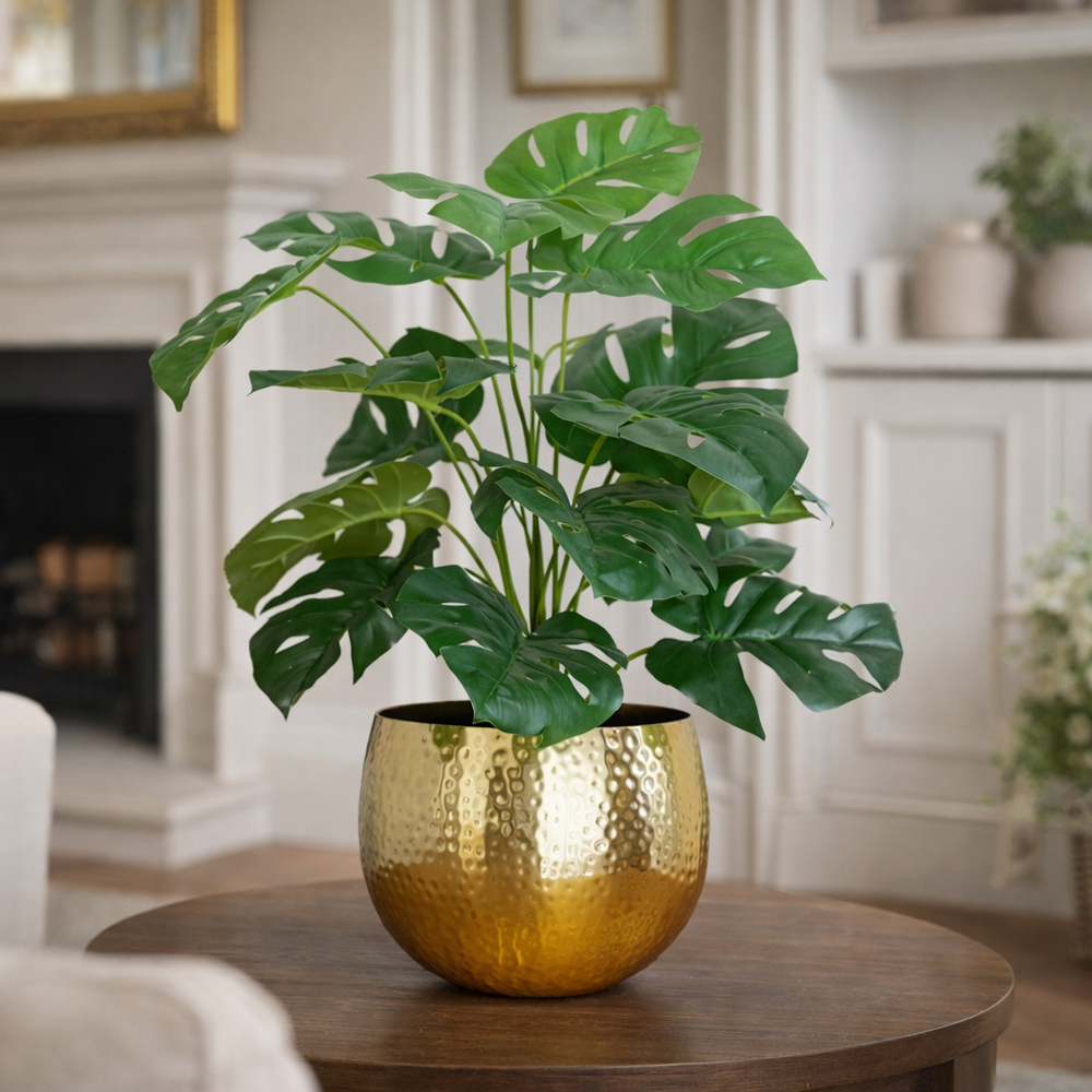 Leaf Monstera Cheese Artificial Plant with Gold Metal Planter 60cm Image 2