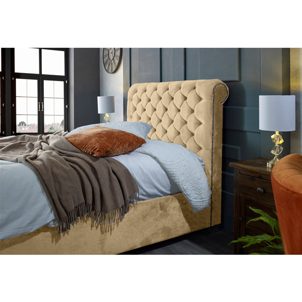 Eleganza Home Veneta Double Beige Plush Velvet Bed Frame with Chesterfield Headboard Image 2