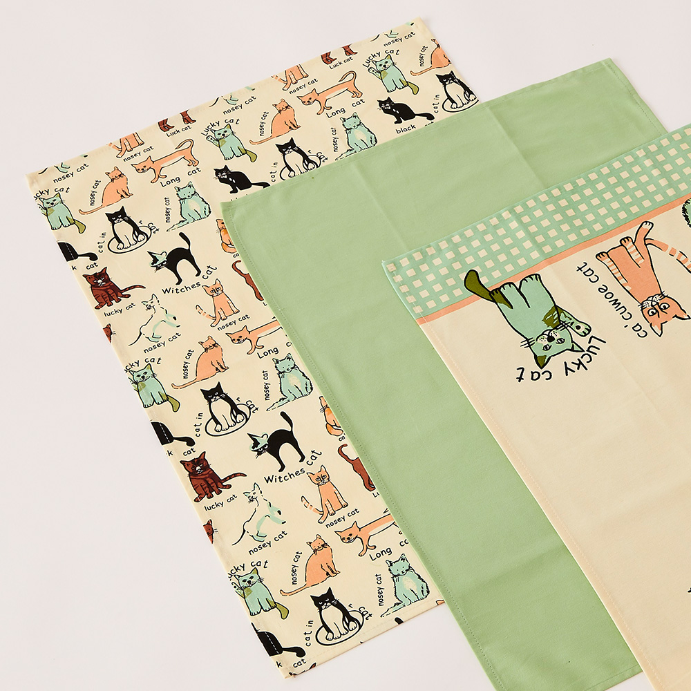 Highlands Homeware Cat Print Cotton Tea Towels 3 Pack Image 3