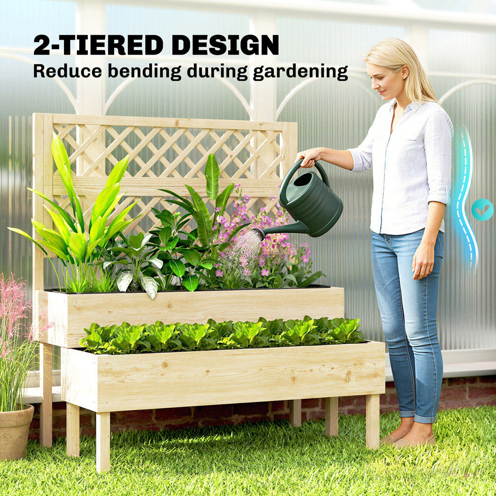 Outsunny 2 Tier Natural Wooden Raised Garden Bed with Trellis 120 x 62 x 108cm Image 4