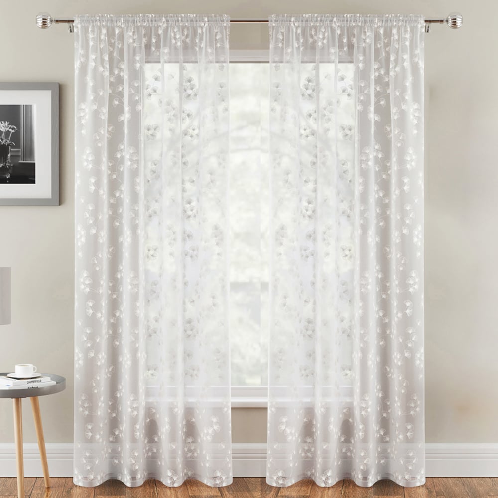 Tyrone Textiles Delila White Trail Leaf Print Sheer Voile Panel Curtain 140 x 183cm Image 1