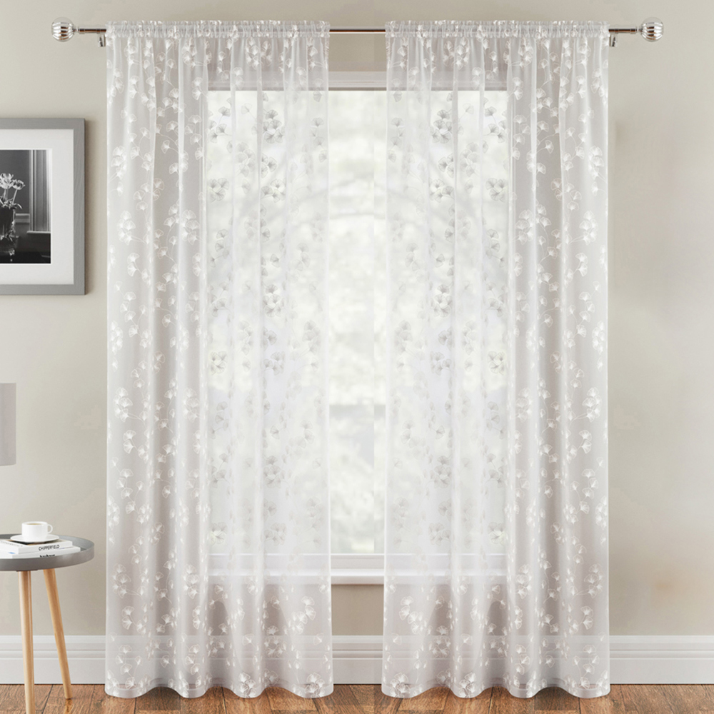 Tyrone Textiles Delila White Trail Leaf Print Sheer Voile Panel Curtain 140 x 137cm Image 1