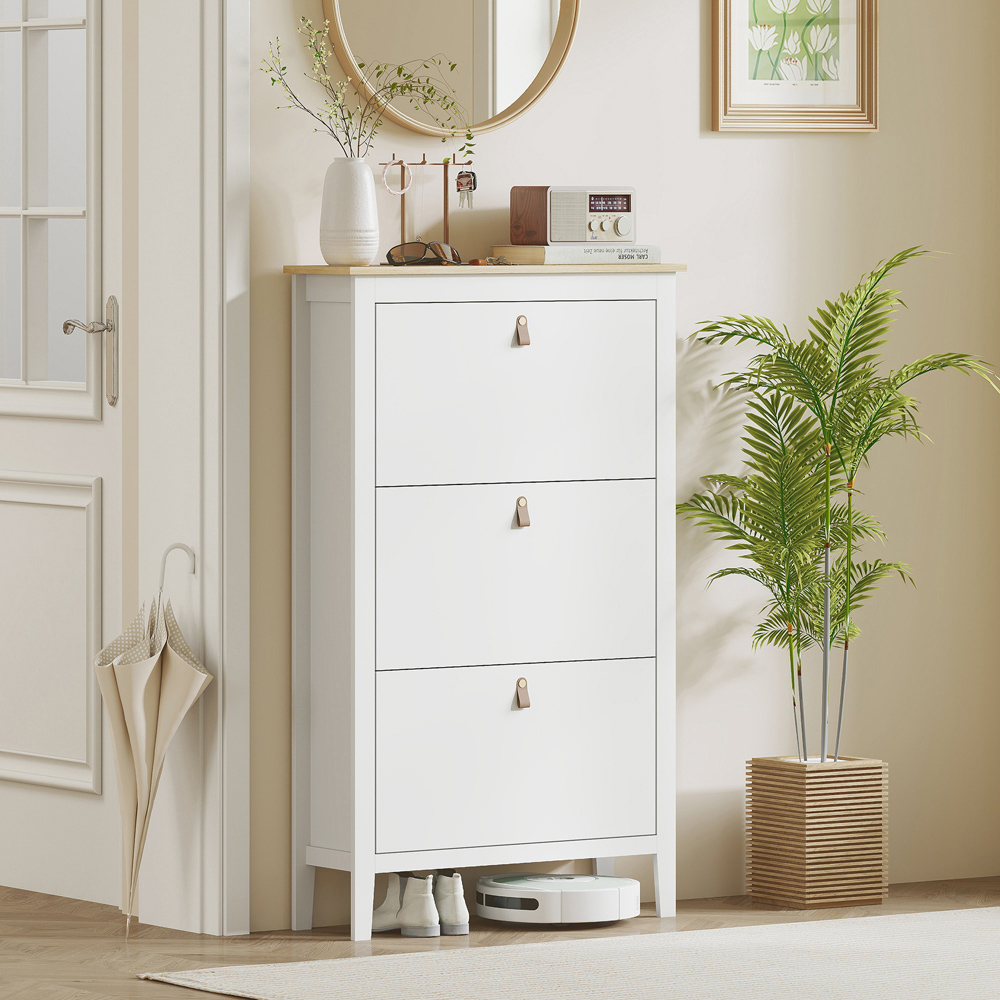 HOMCOM 3 Flip Down Drawer White Shoe Cabinet Image 4