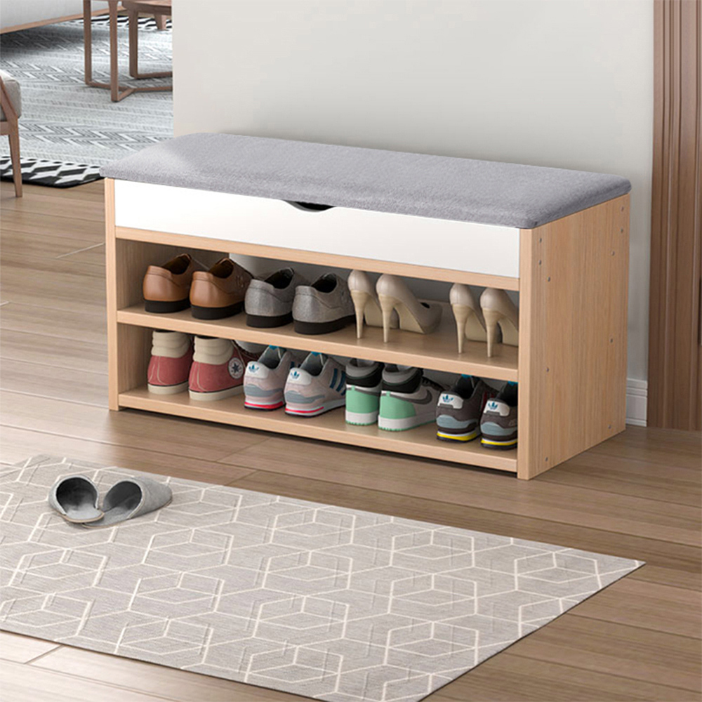 Living and Home 2 Shelf Natural Shoe Storage Bench with Hidden Compartment Image 7
