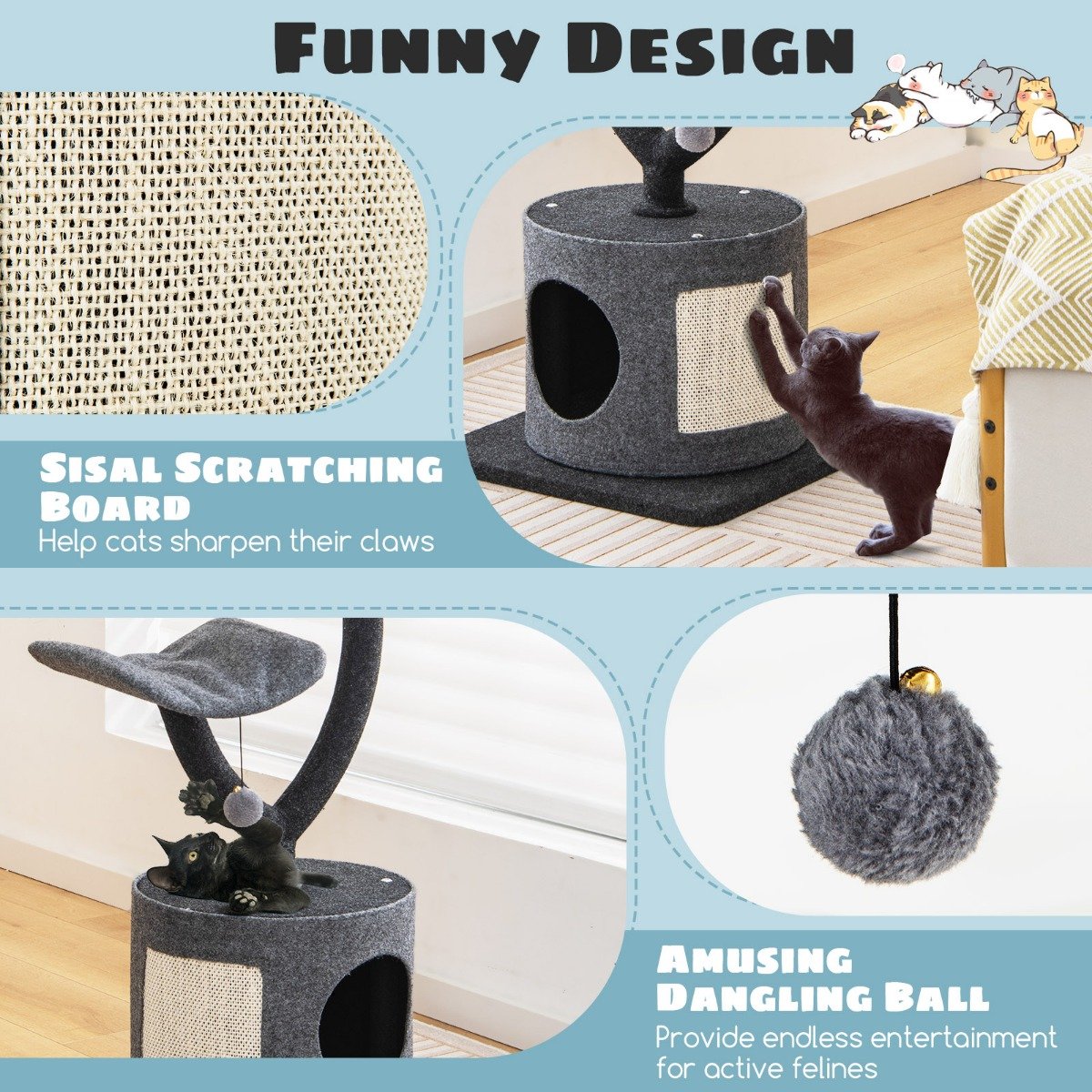 Costway 3 Tier Grey Cat Tower with Sisal Covered Scratching Board Image 5