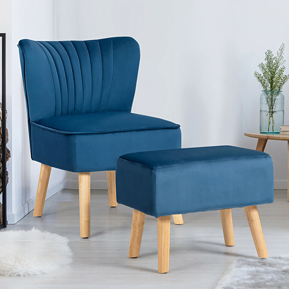 Costway Blue Velvet Oyster Back Accent Chair with Ottoman Image 1