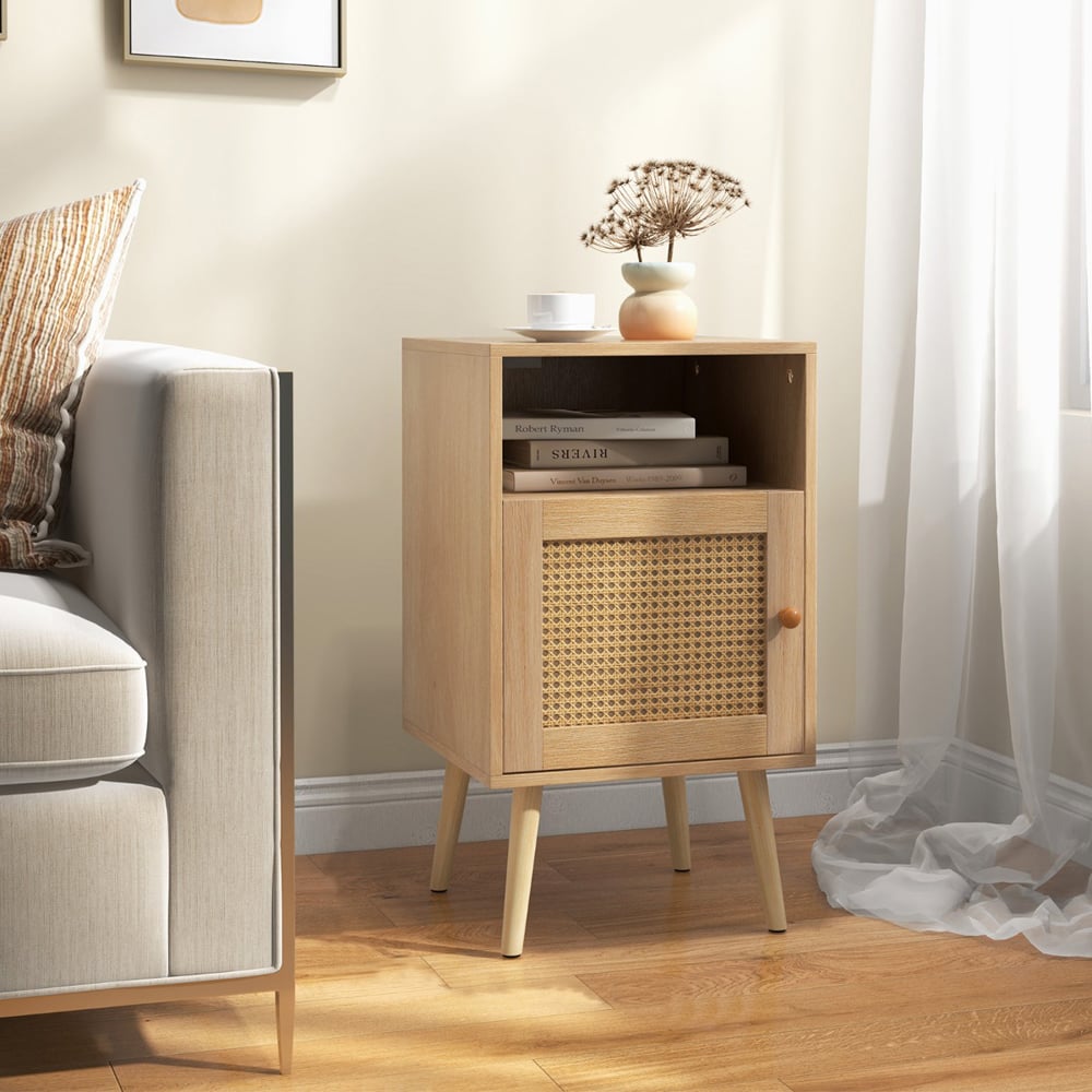 Costway Single Door Single Shelf Natural Rattan Nightstand Image 4