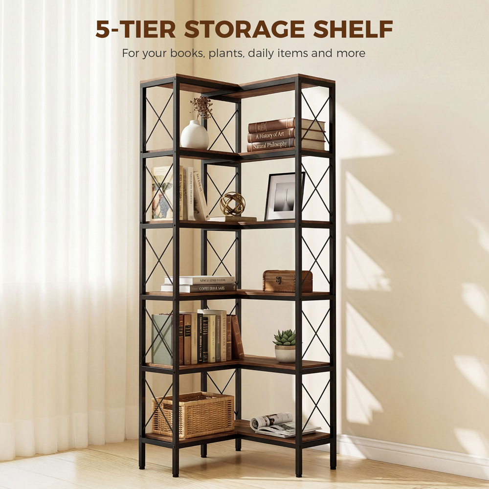 HOMCOM 5-Tier Rustic Brown L-Shaped Bookshelf Image 5