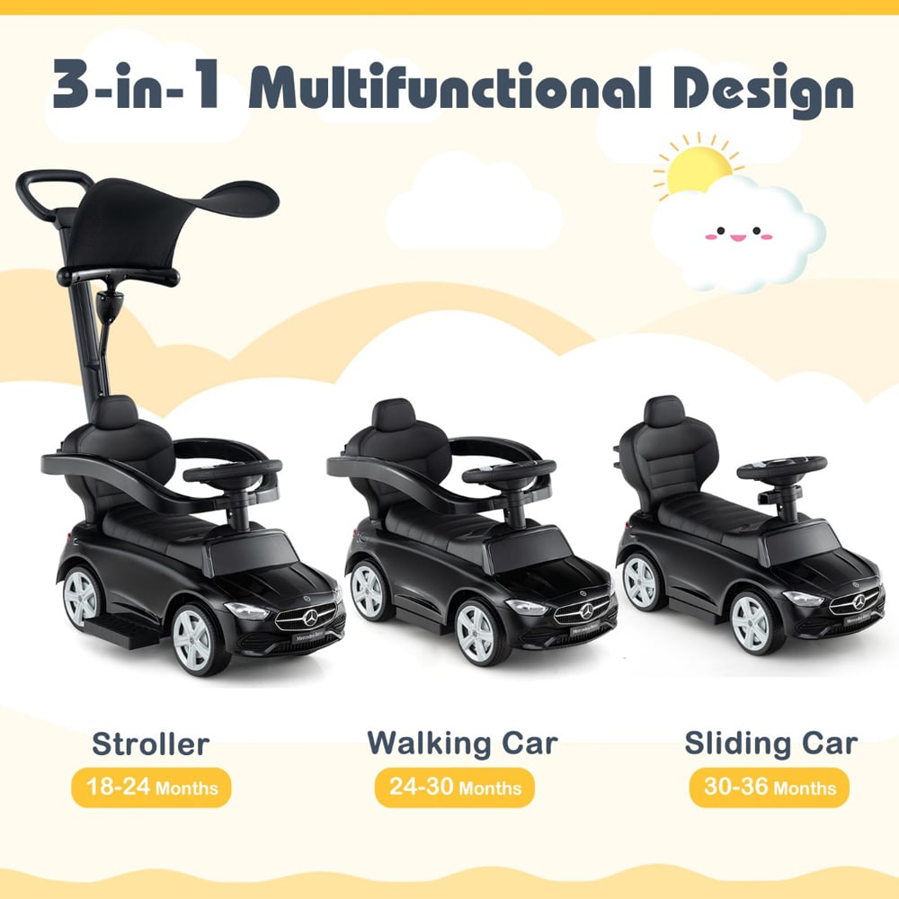 Costway 3-in-1 Kids Black Ride On Push Car with Adjustable Canopy and Steering Push Bar Image 7