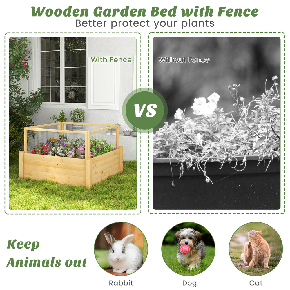 Costway Wooden Raised Garden Bed with Critter Guard Fence 95cm Image 4