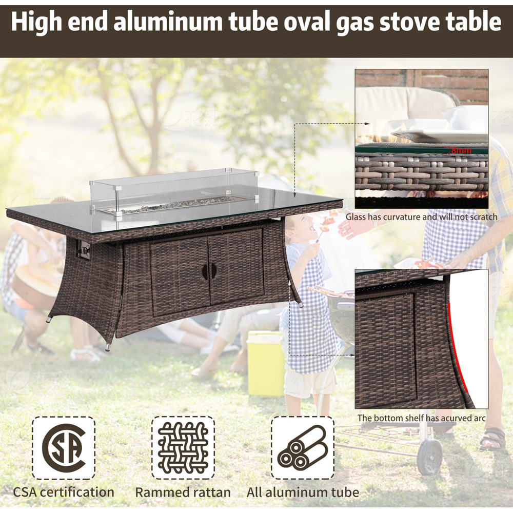 Direct Wicker 6 Seater Brown Rattan Rectangular Fire Pit Dining Table with Glass Top Image 5