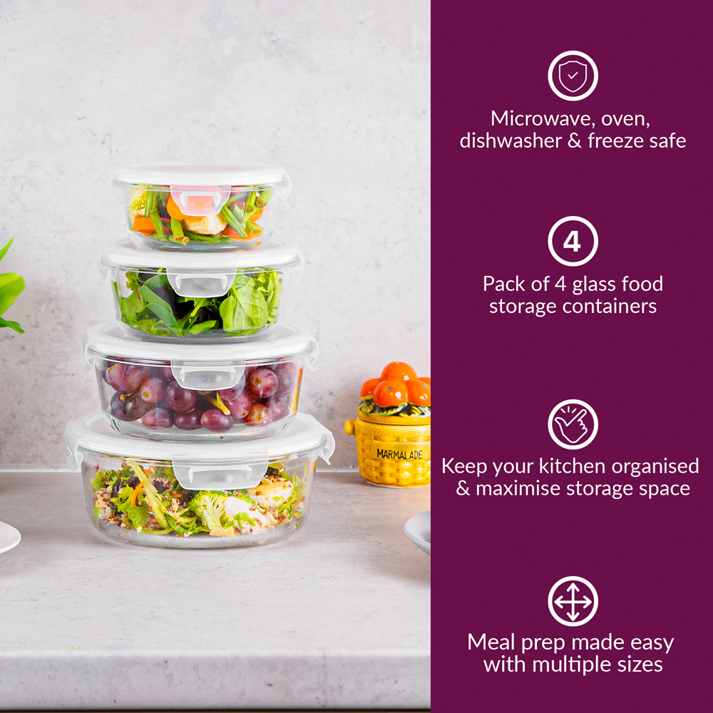 Innoteck Essentials 4 Piece Round Glass Kitchen Storage Container Set with Snap Lock Lids Image 2