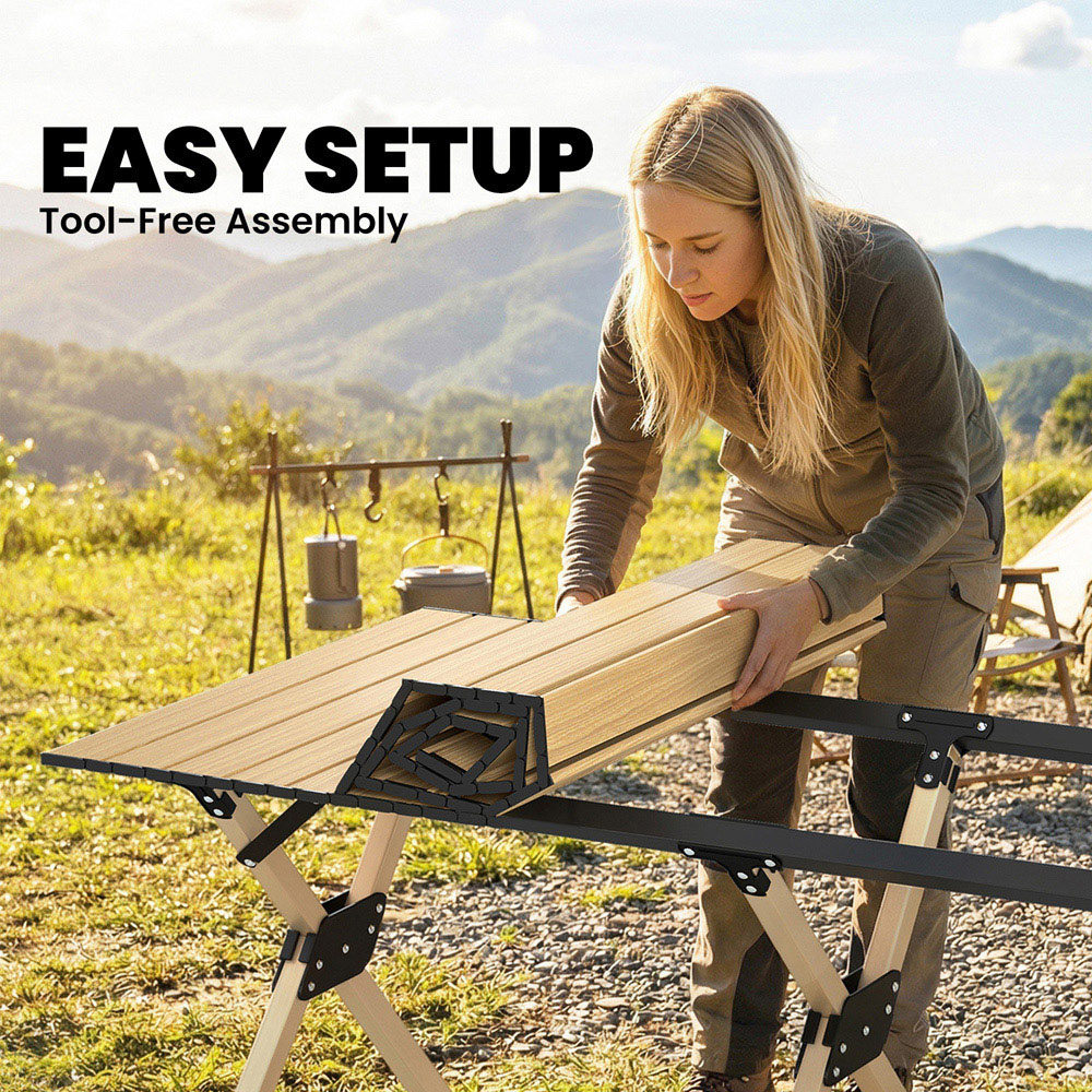 Outsunny 4ft Brown Roll Up Top Metal Frame Foldable Camping Table Image 6