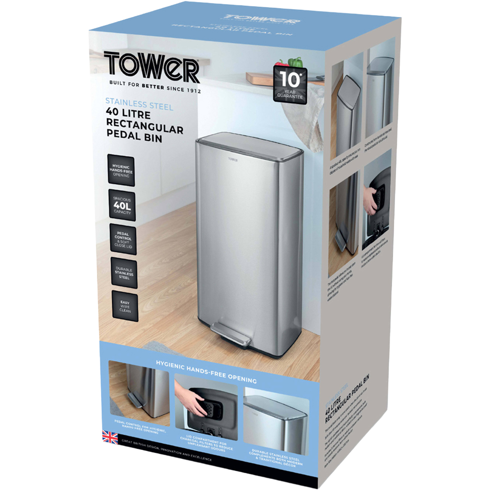 Tower Rectangular Silver Pedal Bin 40L Image 2