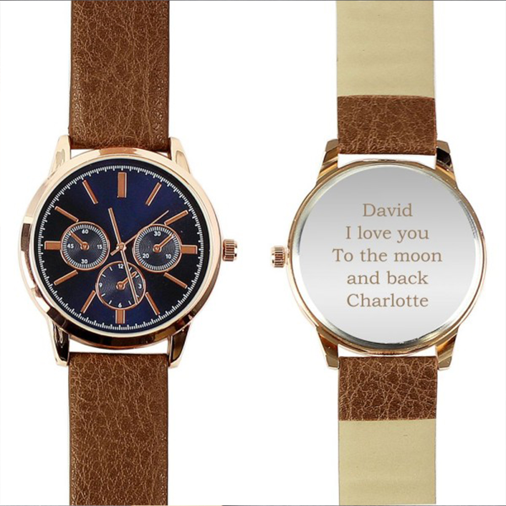 Personalised Memento Personalised Men's Rose Gold Tone Watch with Brown Strap Image 1