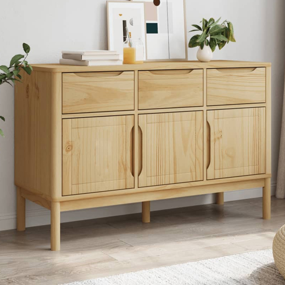 vidaXL Floro 3 Door 3 Drawer Wax Brown Solid Wood Pine Sideboard Image 1
