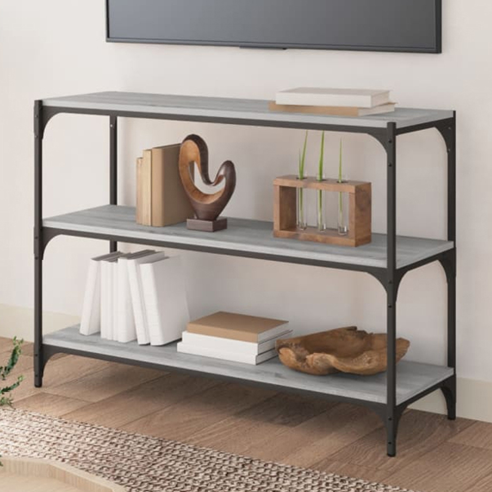vidaXL 3 Shelf Grey Sonoma Wood and Steel Wide Bookcase Image 1