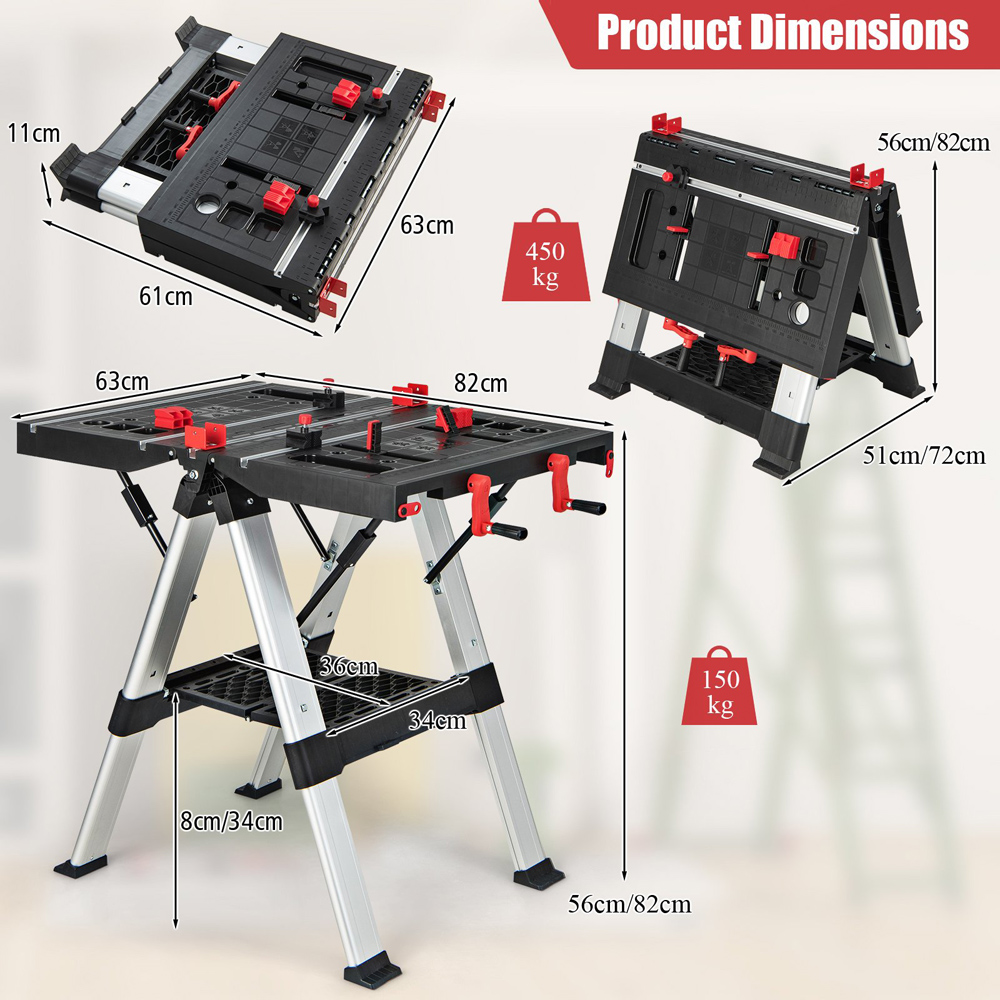 Costway 2 in 1 Red Height Adjustable Portable Workbench Image 9