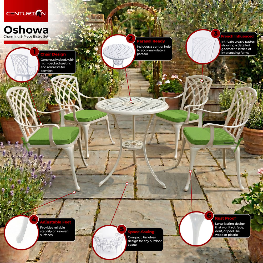 Centurion Oshowa 4 Seater White and Green Cast Aluminium Garden Bistro Set with Cushions Image 5