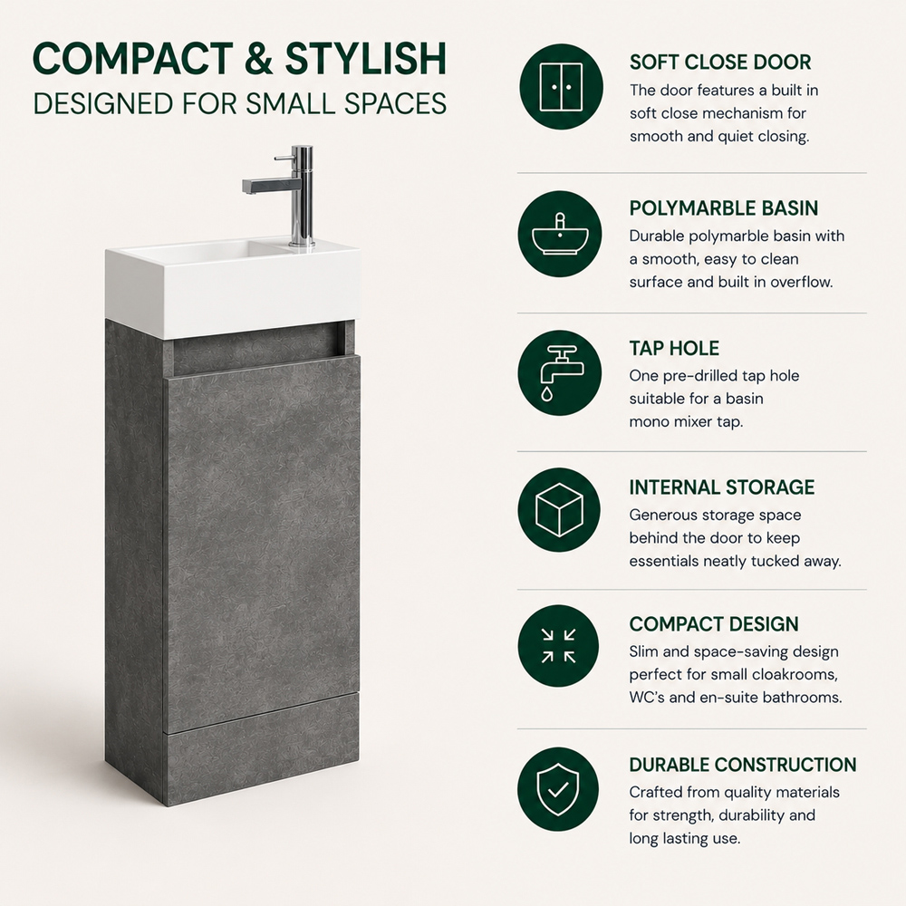 Go Bathrooms Concrete Compact Floor Standing Cloakroom Vanity Unit 390mm Image 6