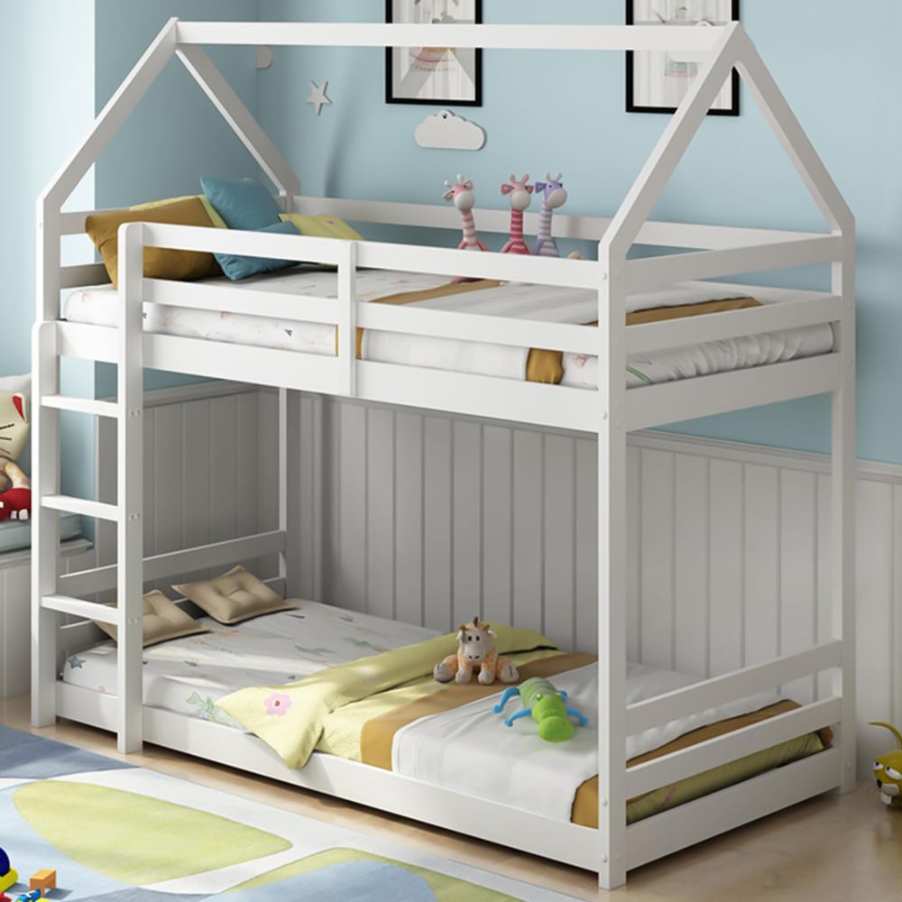 Portland White Wooden House Bunk Bed Image 1