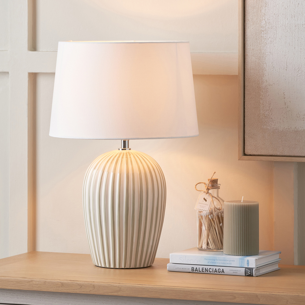 Pacific Lifestyle Cannes White Fabric Shade Sage and White Stripe Ceramic Table Lamp Image 2