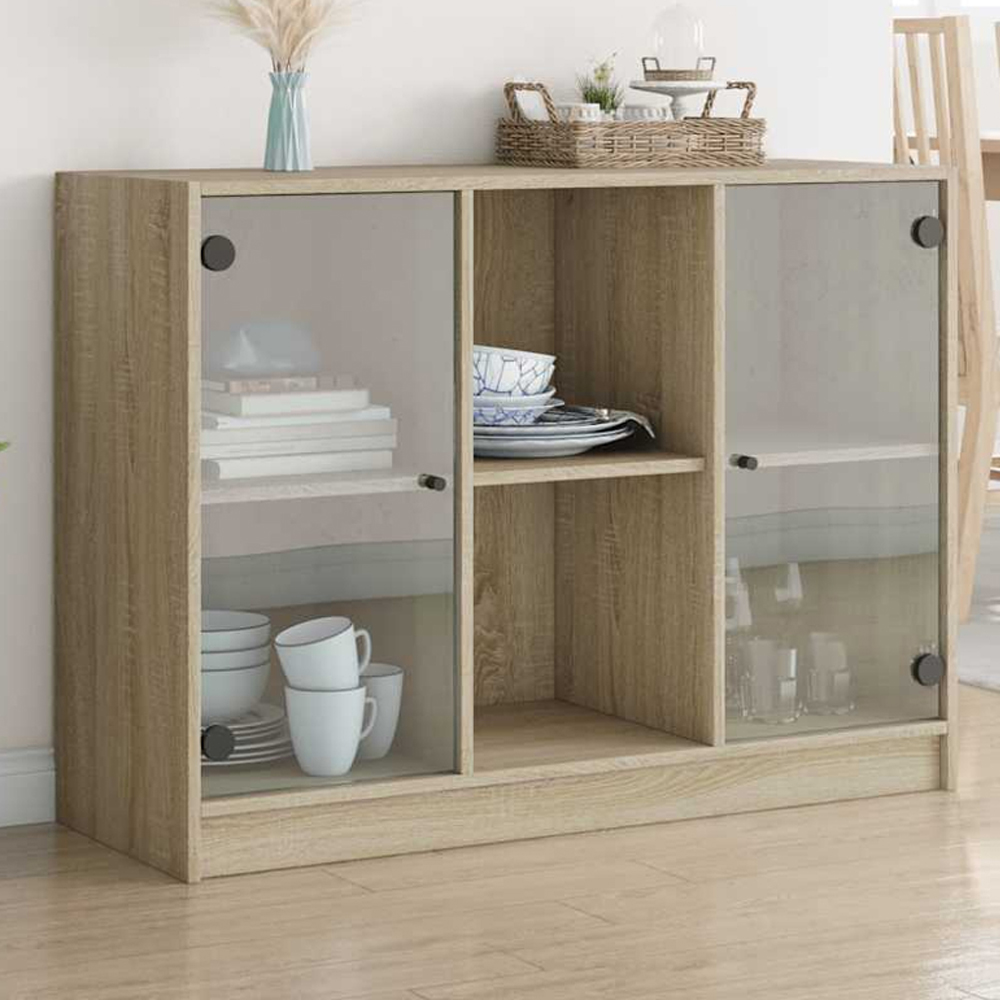 vidaXL 2 Glass Door 2 Shelf Sonoma Oak Sideboard Image 1