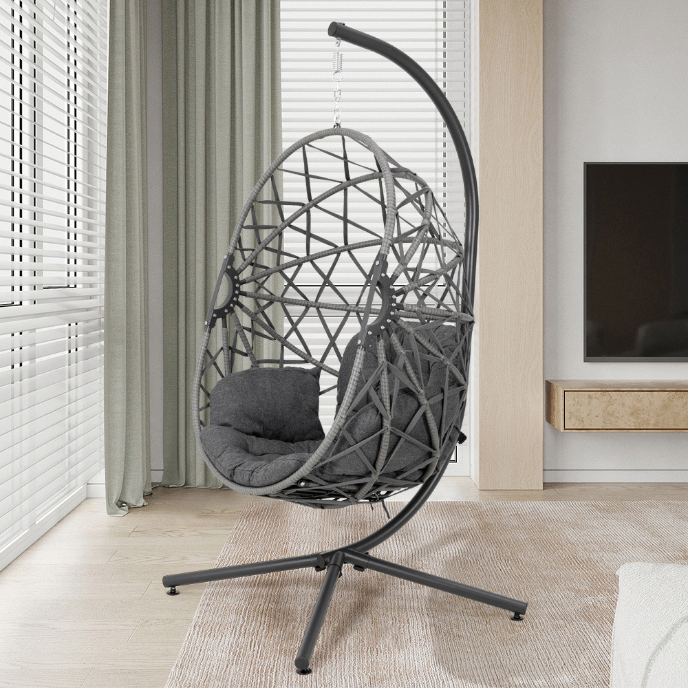 Living and Home Black Densely Woven Rattan Hanging Egg Chair Image 7
