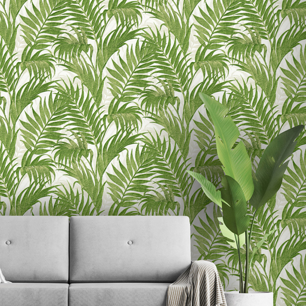 Design ID Tropical Palm Leaf Green and White Wallpaper Image 2